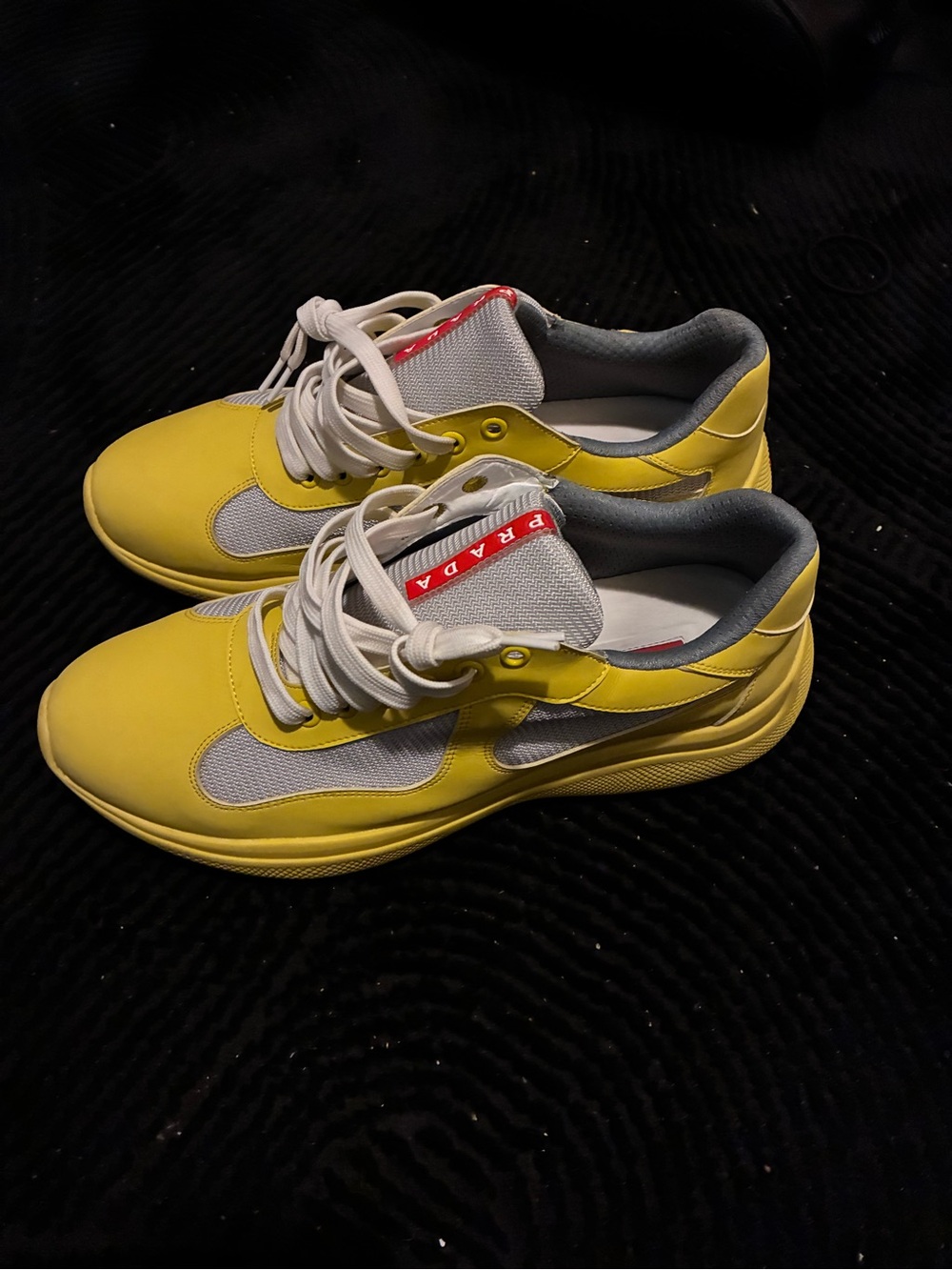 Prada Men’s Yellow and Gray Low-Top Sneakers with Red Logo - Picture 4 of 6